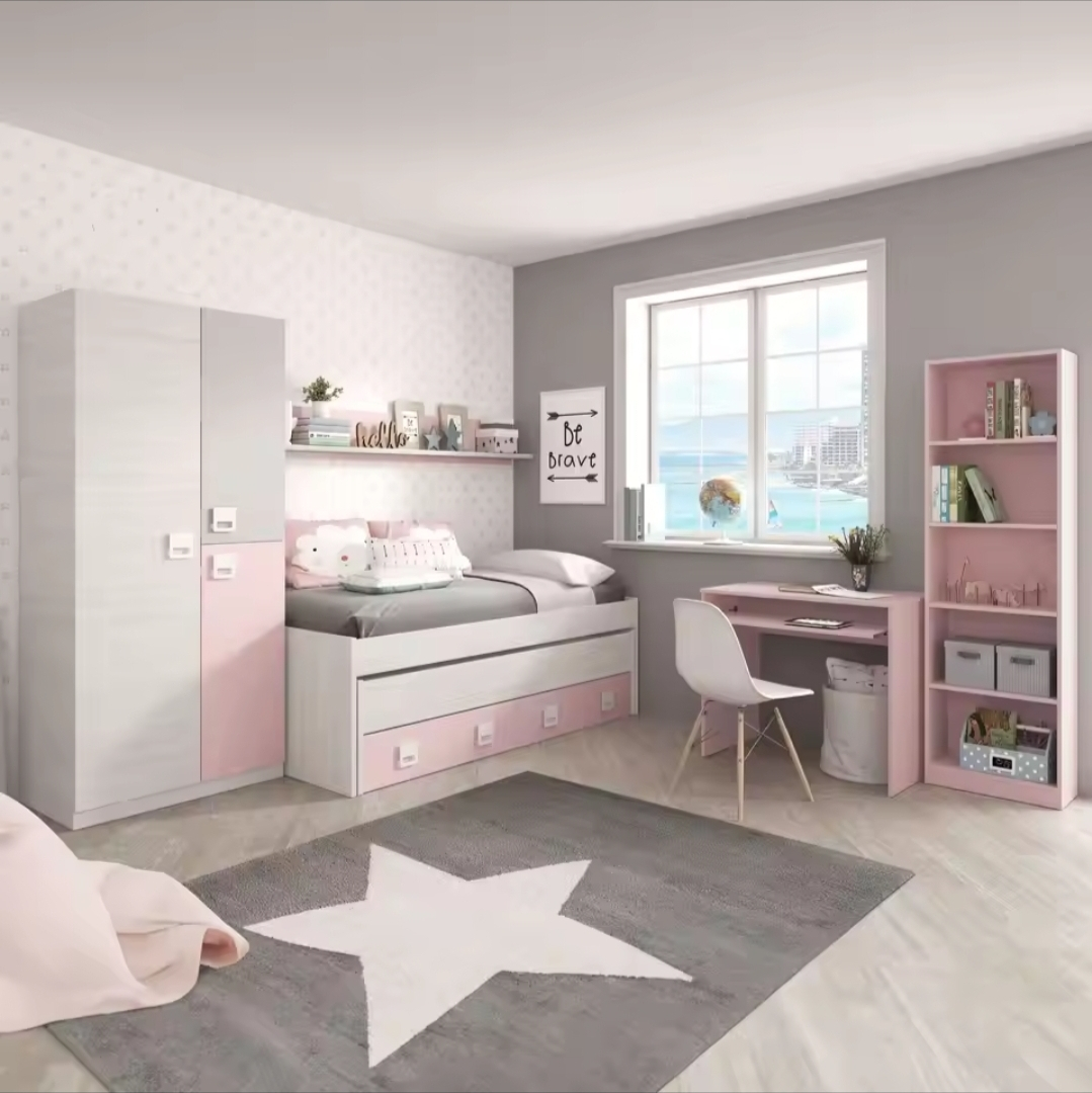 Habitación Juvenil Completa, Cama nido con Somieres (90×190/90×180) + Armario 3 puertas +Escritorio + Estantería, Color Rosa, Blanco y Gris