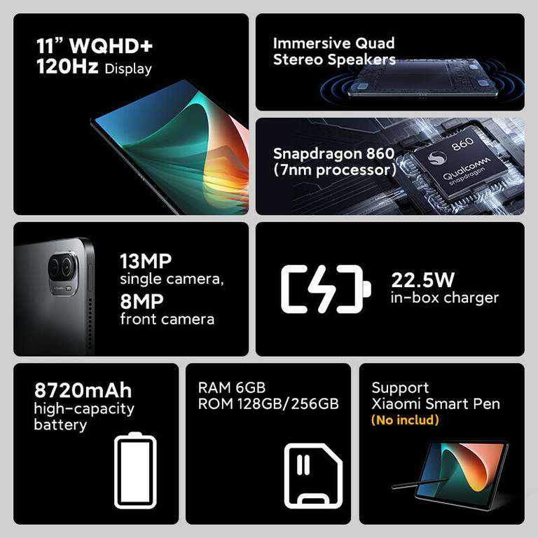 Xiaomi Mi Pad 5 6GB 128GB Tablet 11‘’ 120Hz Display LCD 8720mAh Snapdragon 860