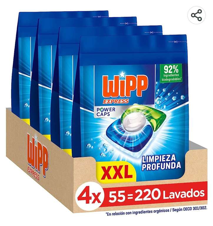 Wipp Express Power Caps Detergente en Cápsulas para Lavadora, Pack de 4, Total 220 Dosis solo 0.20€ Lavado