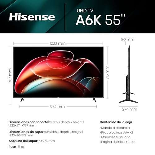 Hisense TV 55A6K - UHD 4K, Smart TV de 55 Pulgadas, Dolby Vision, Modo juego Plus, DTS Virtual X (+ Reembolso de 50€ - Total 299€)