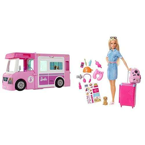 Barbie Caravana para Acampar 3 En 1 De con Piscina, Camioneta, Barca Y 50 Accesorios + Vamos De Viaje, Muñeca con Accesorios