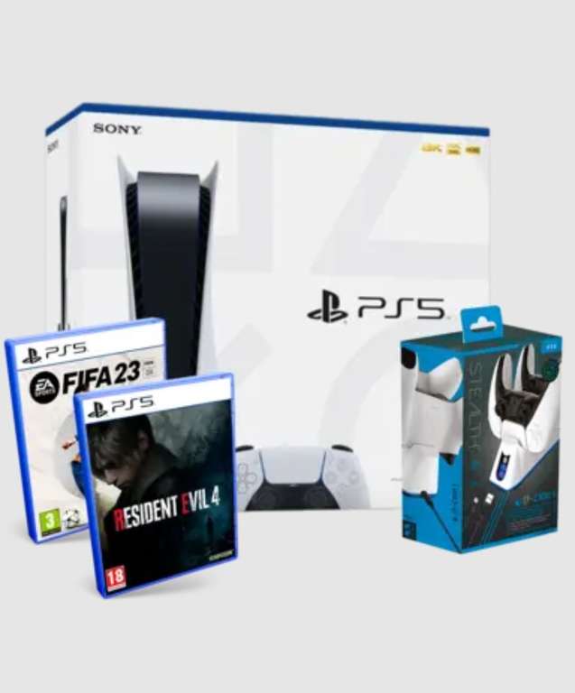 Pack PS5: Consola, Resident Evil 4 Remake, FIFA 23 y Base de Carga Dual Blanca