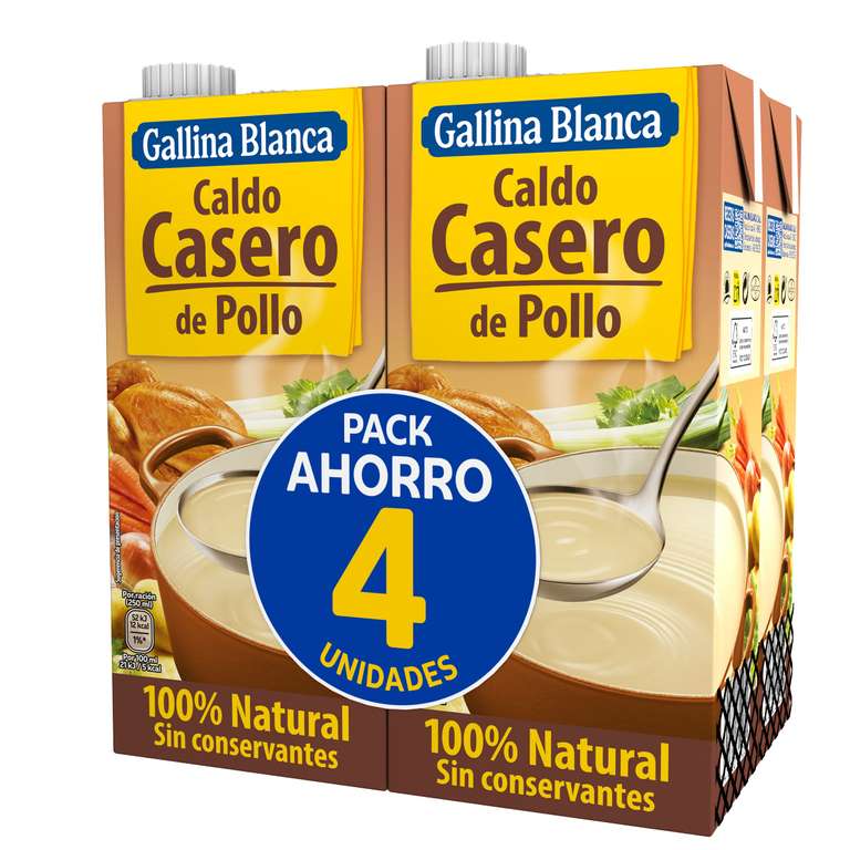 3 x GALLINA BLANCA Caldo Casero de Pollo 100% Natural 4L (4 Unds) (TOTAL 12 UNIDADES)