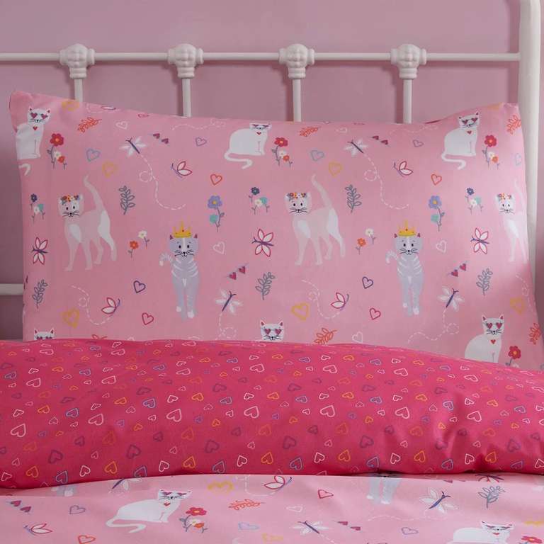 Sleepdown Juego edredón niños, diseño de Gatitos, Mariposas, Corazones Rosados, Reversible con Funda de Almohada, Individual (135 x 200 cm)