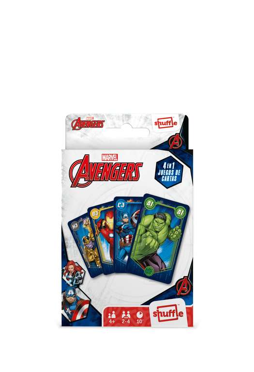 Shuffle Avengers. Baraja de Cartas Infantil. 4 Juegos en 1. Naipes ilustrados con los Personajes de Los Vengadores. Versión en Español.