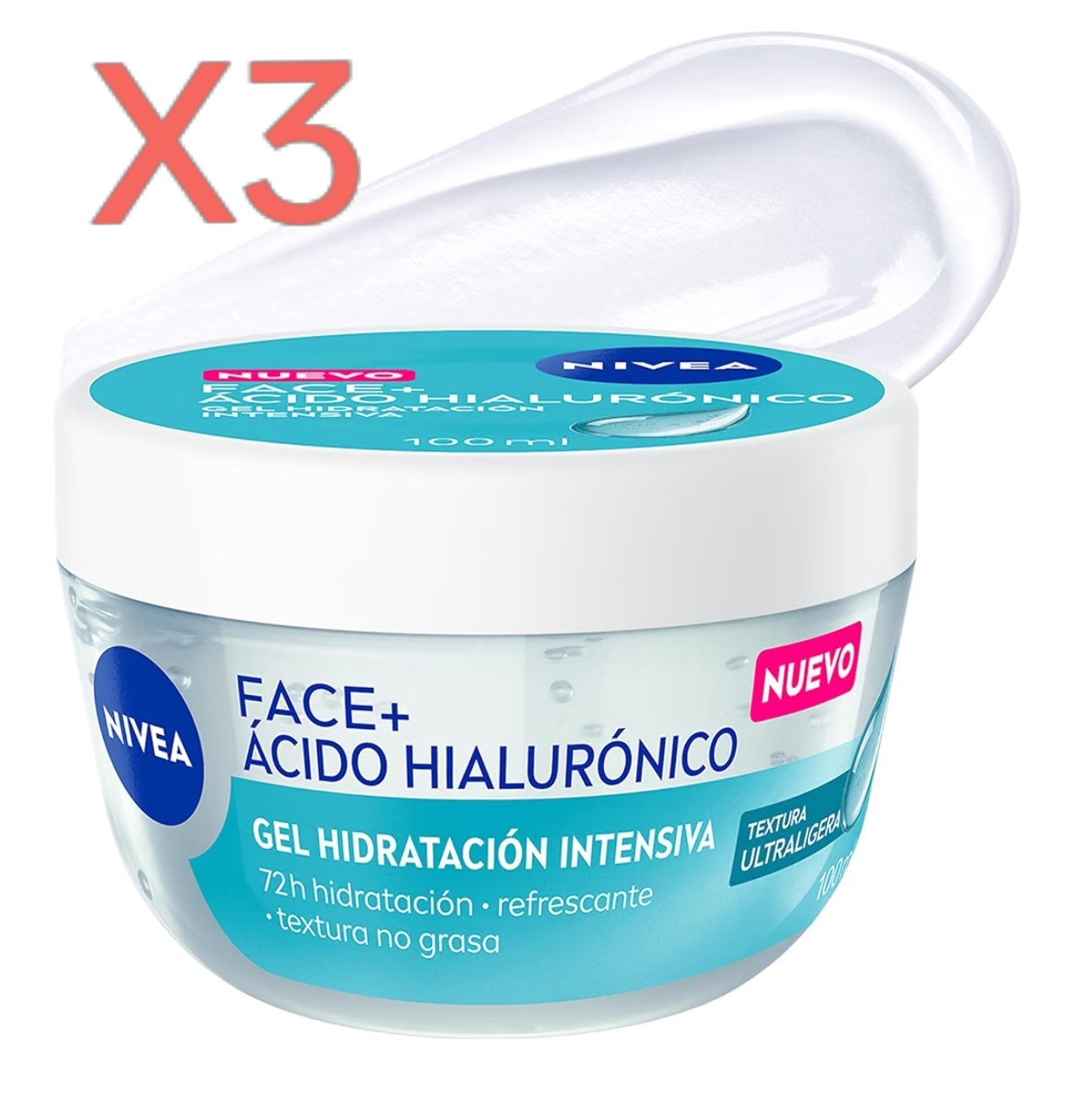 X3.NIVEA Face+ Ácido Hialurónico Gel hidratación intensiva facial, 100 ml Gel hidratante facial con ácido hialurónico, 48 h de hidratación