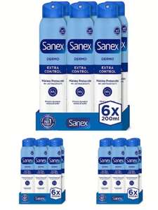 18 desodorantes Sanex Dermo Extra Control Spray, 3x6x200 ml, con Óxido de Zinc Antibacteriano, hasta 48H de Protección. 7'95€/pack-1'32€/ud
