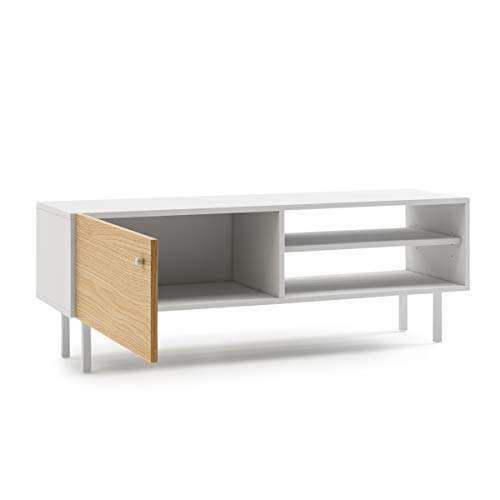 Mc Haus ODEIL- Mueble TV madera blanco salón, Diseño estilo Nórdico Mesa Televisión Comedor con 1 puerta, 2 compartimentos y patas de madera
