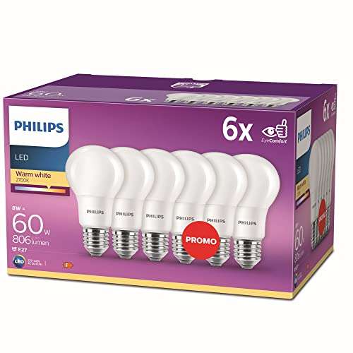 Philips - Bombilla LED 60W, E27, luz blanca cálida, mate, no regulable, pack 6 [Clase de eficiencia energética F]