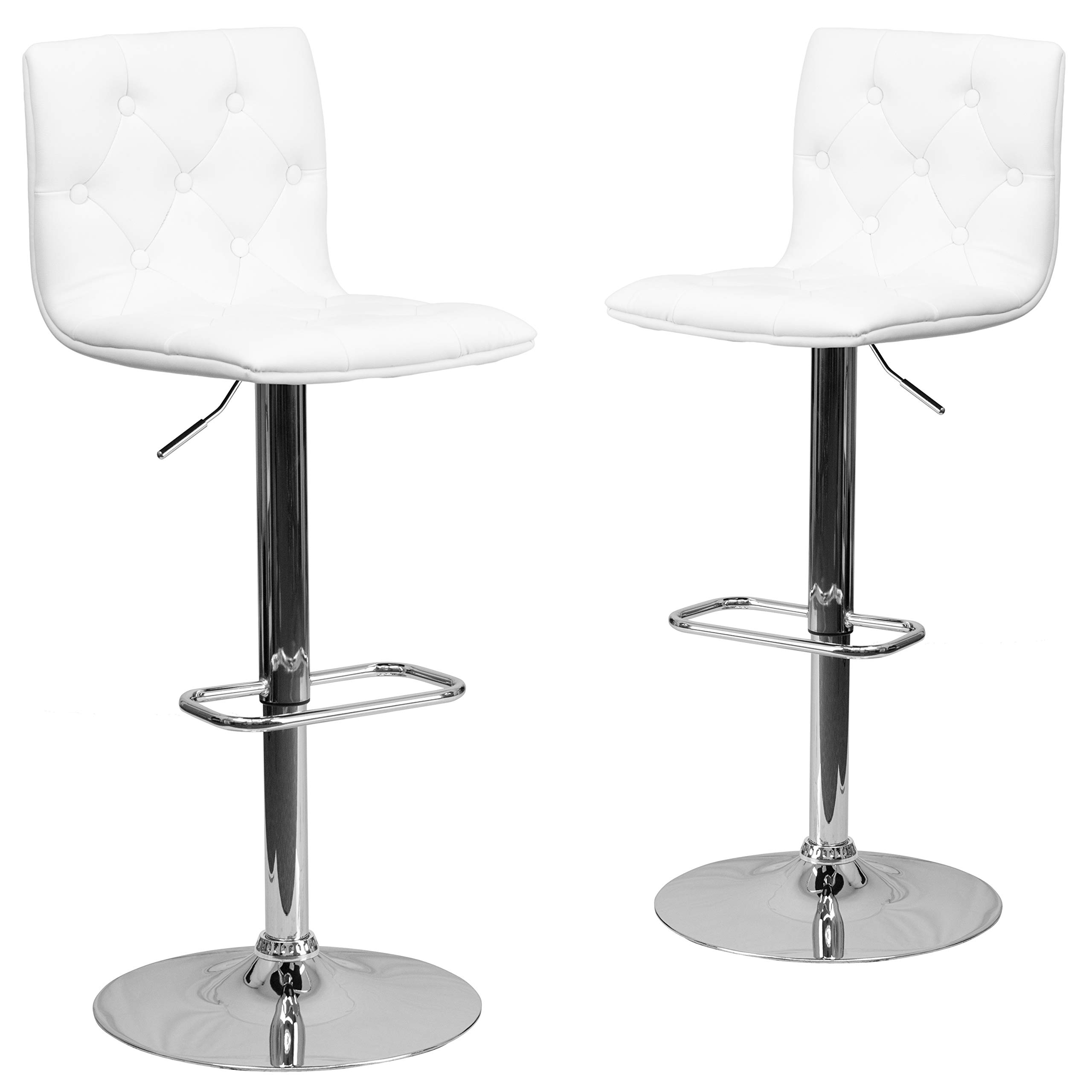 Juego de 2 taburetes contemporáneos de Vinilo Blanco con Botones y Altura Ajustable con Base cromada