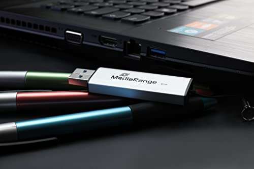 Memoria USB Mediarange MR919 de 256 GB con USB 3.0 de alta velocidad y diseño Slide en color Negro y Plata