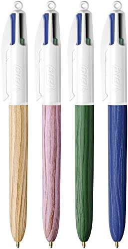 BIC 4 Colours Wood Style Bolígrafos Retráctiles de Punta Media (1,0 mm) con Cuerpo efecto Madera - Pack de 5
