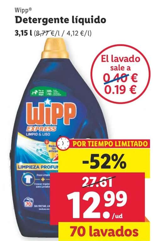 Detergente líquido Wipp Express 70 lavados a 12,99€ en Lidl