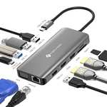 Hub USB C, 2 HDMI 4K, 11 Puertos Tipo C, RJ45 G, 2 USB 3.0, 2 USB 2.0, VGA, Tipo C 100W PD, SD/TF, MacBook Pro