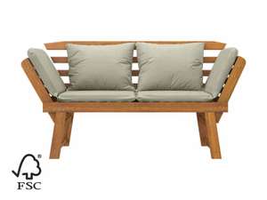 Sofa de Lidl de madera de acacia con reposabrazos abatibles , cojines asiento y respaldo