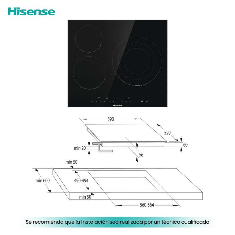 Hisense E6322C - Placa Vitrocerámica, 3 zonas, 1 con Foco Gigante 30 cm, Triple Corona, Encimera de 60 cm, Bloqueo Infantil
