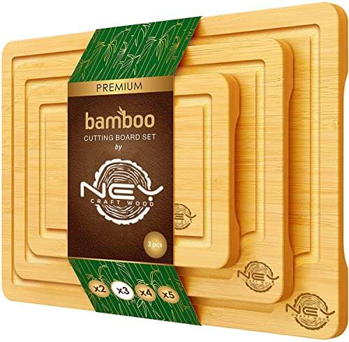 Juego de tabla de cortar y bandeja de bambú orgánico de alta calidad 2 en 1, juego de 3,