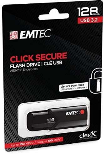 Emtec - Memoria USB 3.0 (3.2) Click Secure B120, de 128 GB, Lectura 100 MB/S, Escritura 20 MB/S, Software Encryption y 256G por 23'99€