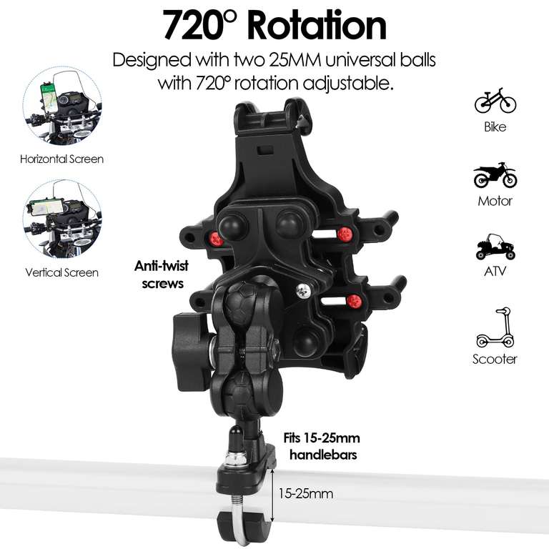 Soporte Movil Moto, Bicicleta Antivibración, 720° Rotación para Manillares de 15-25 mm, Compatible con 4.7-7.4" Teléfonos