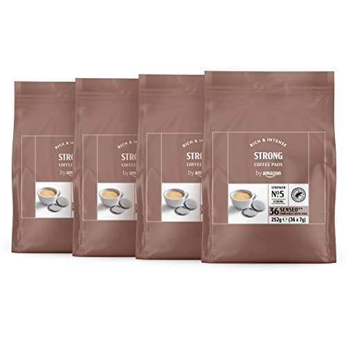 by Amazon - Almohadillas café fuerte, tueste oscuro, compatibles con Senseo, 144 unidades, 4 Paquetes de 36