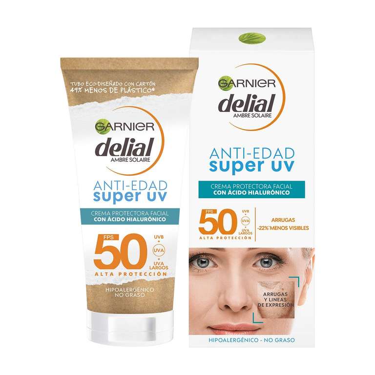 3 UD a 5,49 ud Crema Solar Facial Uso diario Alta Protección FPS50 Anti-Edad Con Ácido Hialurónico, Reduce Arrugas Y Líneas De Expresión