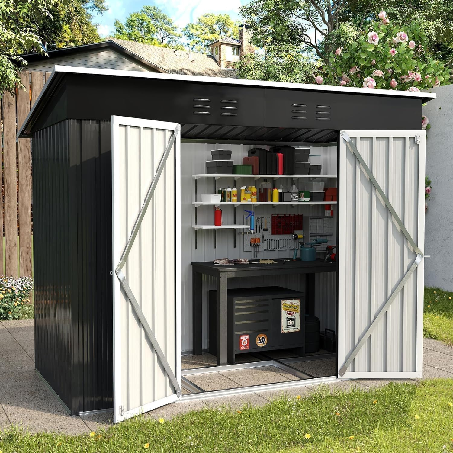 UDPATIO Casetas de Jardin Exterior Grandes, 228x109x181 cm, Cobertizo Jardin de Metal Negro con Doble Puerta(106cm)