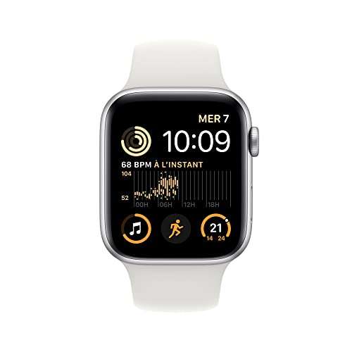 Apple Watch SE (2022), GPS, 44 mm, Caja de aluminio, Vidrio delantero Ion-X- Blanco (50€ Cupón )