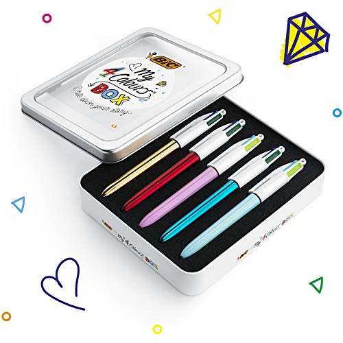 BIC My 4 Colours Box - Caja de 5 Bolígrafos 4 Colores (Shine y Fun) en caja metálica - Bolígrafo retráctil con tintas en colores surtidos