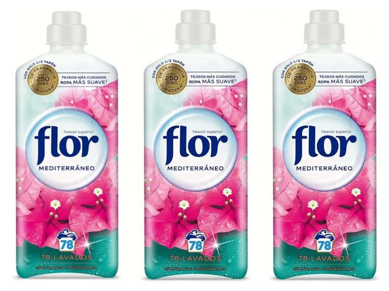 3x Flor - Suavizante para la ropa concentrado, aroma nenuco o mediterráneo (se pueden combinar) 78 dosis, 1404 ml [2'75€/ud]