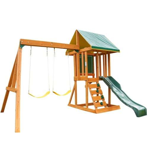 KidKraft Appleton Parque infantil exterior con tobogán y columpios, torre de escalada con arenero de madera para niños