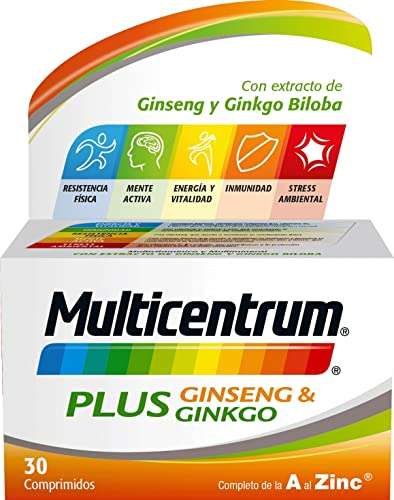 Multicentrum Plus, Complemento Alimenticio Multivitamínico y Multimineral Ginseng y Ginkgo Biloba para Adultos/Sin Gluten, 30 Comprimidos