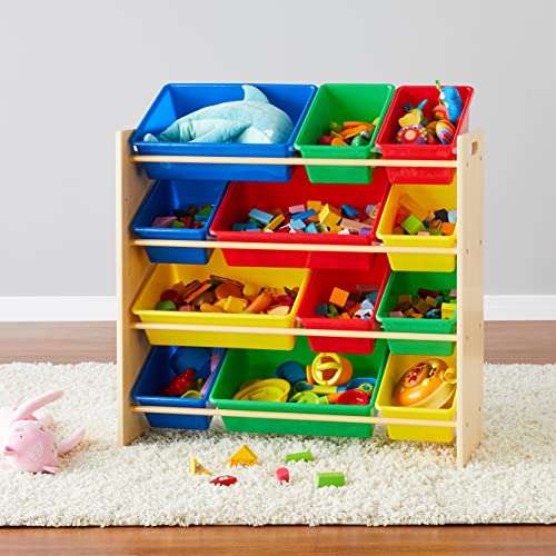 Amazon Basics - Organizador de juguetes con 12 compartimentos de plástico, madera natural, compartimentos brillantes