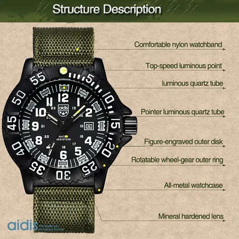 ADDIESDIVE-reloj analógico de cuarzo para hombre, pulsera de nailon resistente al agua hasta 50m, con tubo luminoso, estilo militar