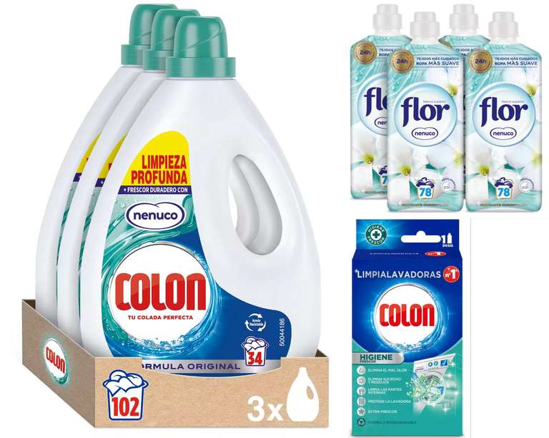 102x Lavados Detergente Colon Nenuco + 312x Lavados Suavizante Flor [7x Aromas] + Limpialavadoras