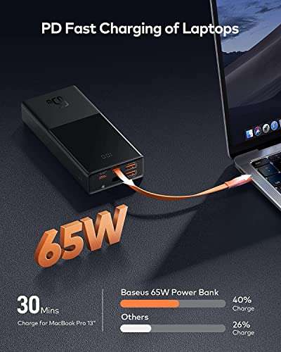 Baseus Power Bank 20000 mAh, Powerbank Laptop con cable PD de 65 W incorporado, USB C Quick Charge