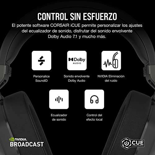 Corsair HS65 Wireless - Inalámbrica o Bluetooth de 2,4 GHz y Baja Latencia, Audio 7.1, Ligeros, Micrófono Omnidireccional - Carbón