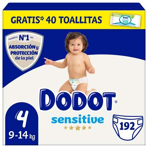 Dodot Pañales Bebé Sensitive Talla 4 (9-14 kg), 192 Pañales + 1 Pack de 40 Toallitas Gratis Aqua Plastic Free, Pack Mensual