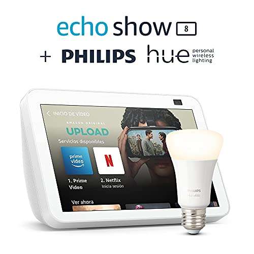 Echo Show 8 (2.ª generación, modelo de 2021), Blanco + Philips Hue White bombilla