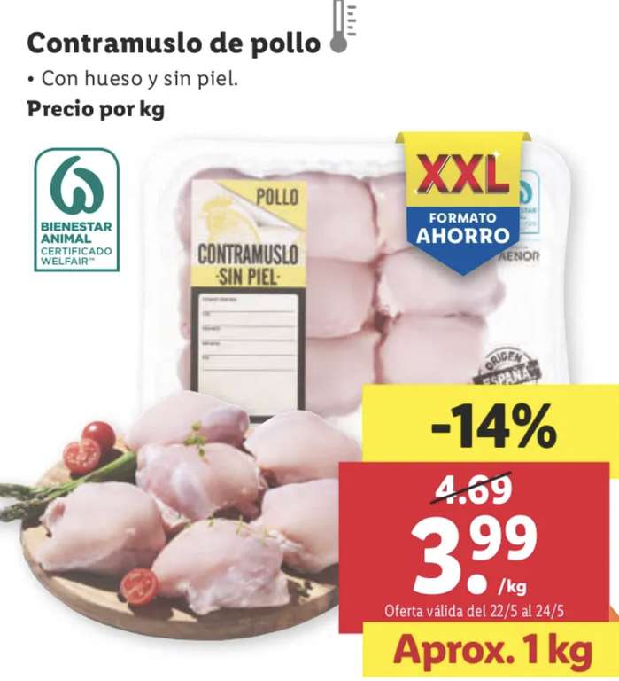 Contramuslo de pollo sin piel 3,99€/kg