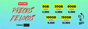 Lineas movil: 8GB/mes por 3,90€, 30GB/mes por 4,90€, 60GB/mes por 6,90€, 100GB/mes por 8,90€, 150GB/mes por 13,90€.
