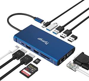 Tymyp 12 en 1 Docking Station USB C Dual HDMI, VGA, 2 x USB 3.0 & 2.0, USB-C 3.0, Gigabit Ethernet LAN, Lector de Tarjetas SD/TF