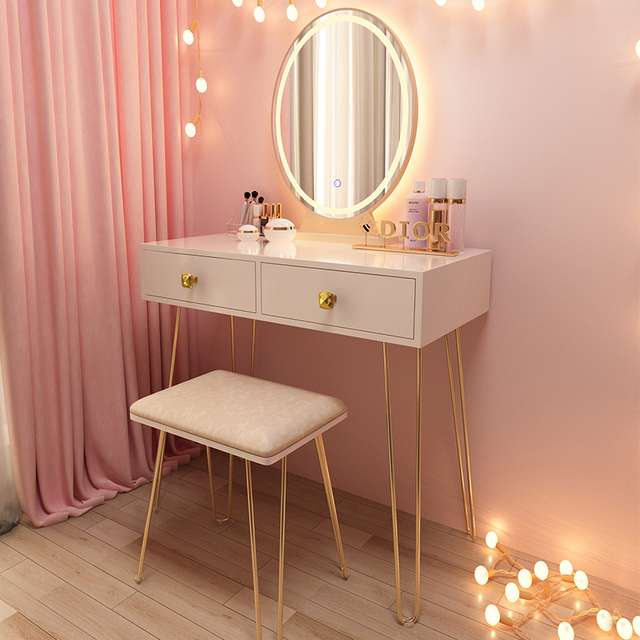 tocador con espejo LED para el hogar, mueble de dormitorio, mesa de almacenamiento de joyas, taburete de maquillaje (2 MODELOS)
