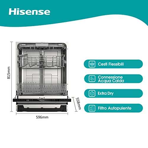 Hisense HV603D40 - Lavavajillas, Completamente integrado, 60 cm, 14 medidas para cubiertos, Protección completa contra desbordamiento