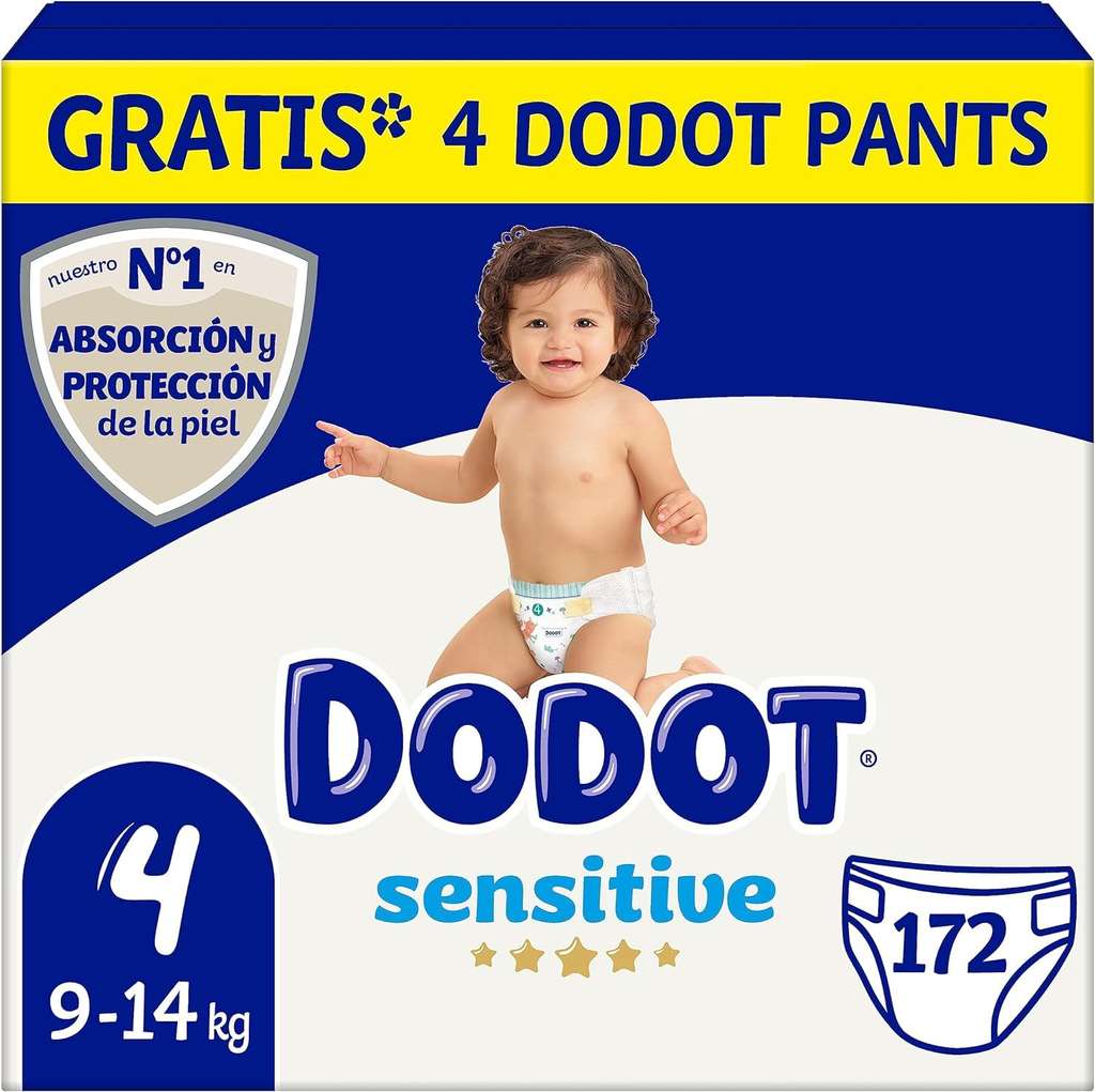 Dodot Pañales Bebé Sensitive Talla 4 (9-14kg), 172 Pañales + 4 Pants Gratis  » Chollometro