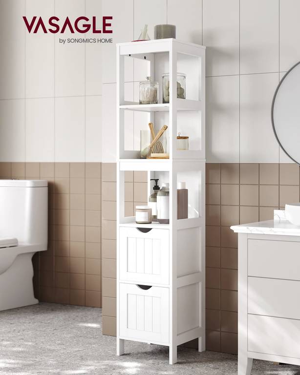 Mueble de Baño Auxiliar VASAGLE (2 Cajones, 3 Compartimentos Abiertos, Blanco – BBC66WT)