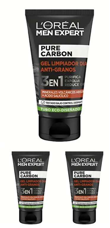 3x L'Oréal Paris Men Expert Gel Antigranos 3 en 1 Pure Carbon, Purifica, Exfolia y Reduce Granos, 100 ml. 2'89€/ud