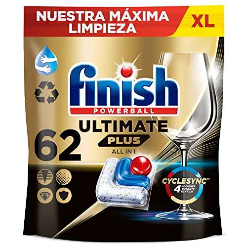 Finish Powerball Ultimate Plus All in 1 pastillas lavavajillas, 62 cápsulas lavavajillas, Nuestra máxima limpieza y brillo diamante
