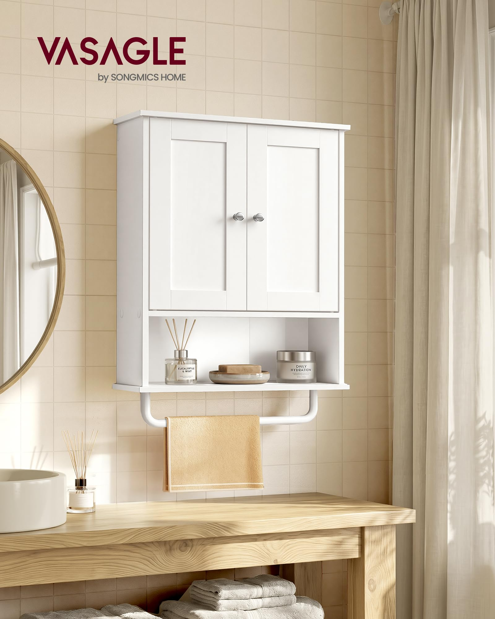 VASAGLE Siren Colección - Mueble de Baño Colgante con Barra para Toallas, Armario de Pared con Estante Abierto, Estante Ajustable y Puertas