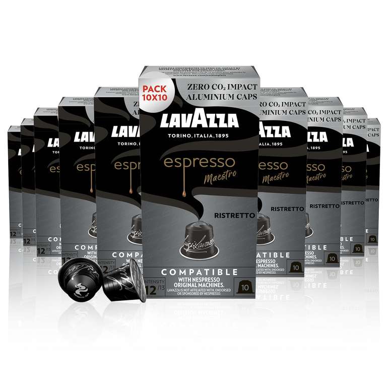 Lavazza Espresso Maestro Ristretto, Tueste Oscuro, Cápsulas Compatibles con las Máquinas Nespresso Original, Formato de 100 Cápsulas