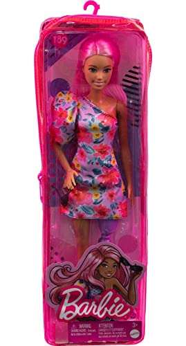 Barbie Fashionista Vestido floral un hombro con pierna protésica Muñeca con pelo rosa y gafas, juguete a la moda +3 años (Mattel HBV21)